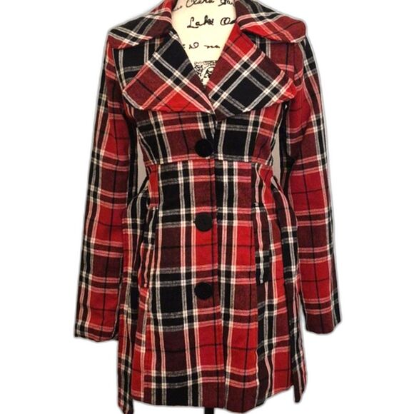 Vtg Y2K Wet Seal Plaid Peacoat S Wool Blend Belted Red Preppy Mall Goth Coat - Picture 9 of 10